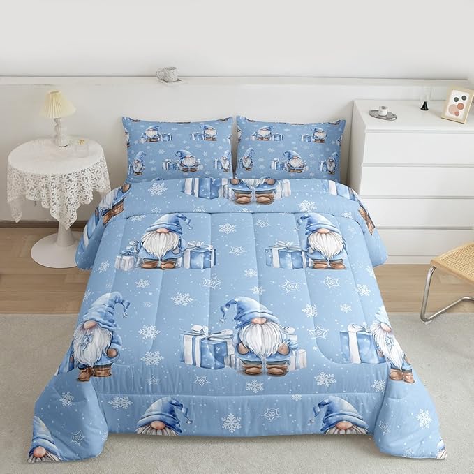 Feelyou Blue Christmas Comforter Set Full Size Scandinavian Christmas Santa Gnomes Bedding Set for Kids Boys Girls Xmas Snowflake Duvet Quilt Bedroom Decor 3 Pcs with 2 Pillow Cases