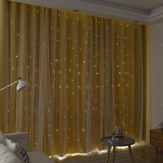 Kinryb Kids Blackout Curtains for Bedroom/Living Room/Classroom, Sheer Overlay 2 Panel Set, Double Layer Curtains with Star Cutout for Kids Room(Each Piece W 70 x L 95 Inches 2 Pcs Yellow)