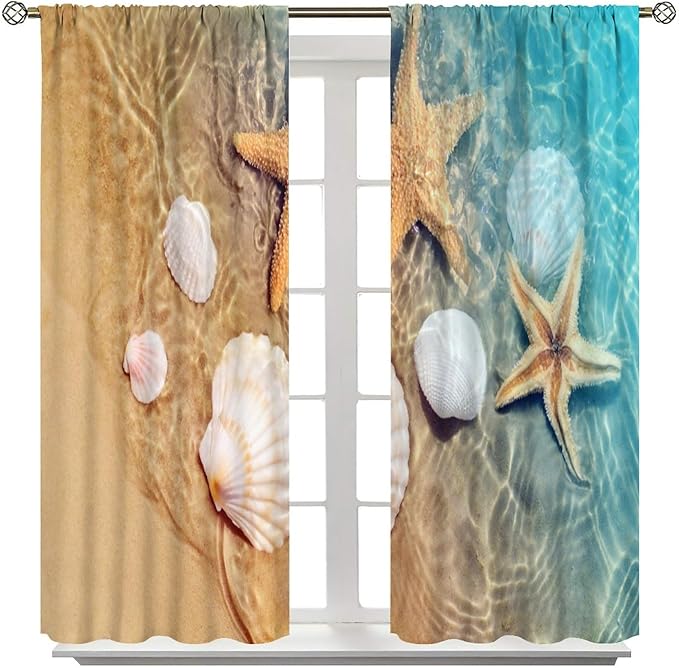 Beach Curtain for Bathroom Decor，Sea Turtle Starfish Seashell Nautical Ocean Coastal Scenery Art Printed Fabric Polyester Waterproof Set 2 Panels,55x63 Inches