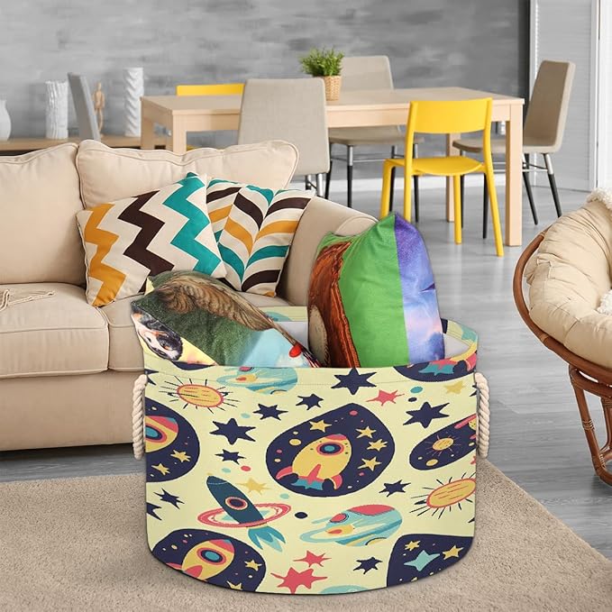 Colorful Space Pattern Round Storage Basket for Laundry & Toys, Lightweight Fabric Laundry Hamper with Handles, Foldable Large Organizer Bin for Bedroom Bathroom Nursery Dorm