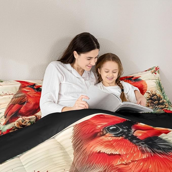 jejeloiu Kids Red Cardinal Comforter Set Twin Size Christmas Theme Bedding Set for Boys Girls Teens Xmas Birds Winter Rustic Wood Plank Animal Duvet Quilt Room Decor