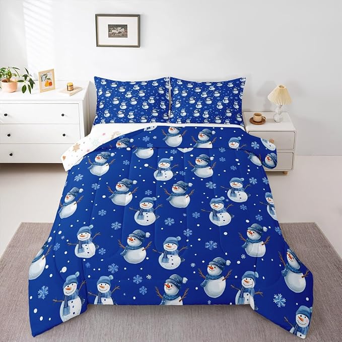 jejeloiu Kids Cute Winter Snowman Comforter Set Full Size Blue Christmas Theme Bedding Set for Boys Girls Teens Xmas Snowflake Happy New Year Duvet Quilt Room Decor
