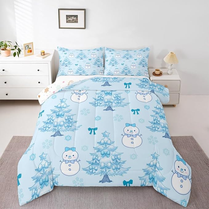 Feelyou Merry Christmas Comforter Set Twin Size Cute Snowman Bedding Set for Kids Boys Girls Cartoon Bowknot Duvet Quilt Christmas Tree Microfiber 2 Pcs with 1 Pillow Cases