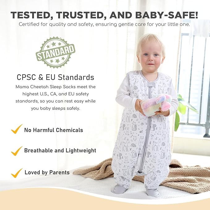 Mama Cheetah Toddler Sleep Sack with Feet 3T-4T, 2.5 TOG Organic Cotton Baby Sleeping Bag with Legs, Winter Baby Wearable Blankets for Early Walker L