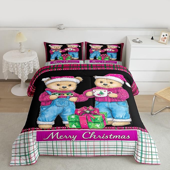 Feelyou Merry Christmas Kids Comforter Set King Size Cute Bear Bedding Set Duvet Quilt for Kids Boys Girls Bedroom Winter Decor Microfiber Ultra Soft Breathable
