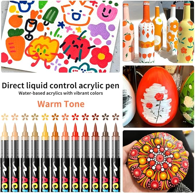 Paint Pens Acrylic Markers - 12 Warm Tone Brush Tip Water Based Marker Pens for Rock Painting, Wood, Ceramic, Glass, Acrylic Paint Markers for Egg Pumpkin
