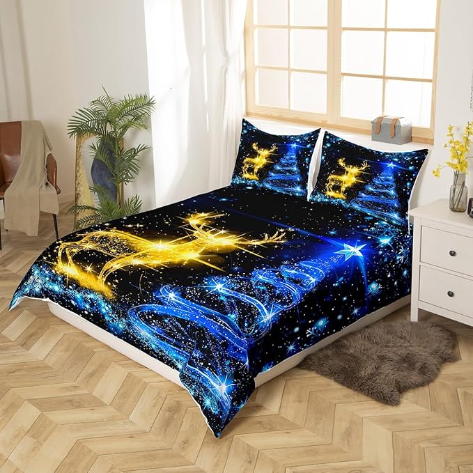 Christmas Duvet Cover Set Twin Size Gold Reindeer Bedding Set 2pcs for Kids Boys Girls Room Decor Blue Christmas Tree Comforter Cover Western New Year Theme Quilt Cover with 1 Pillowcase,No Comforter