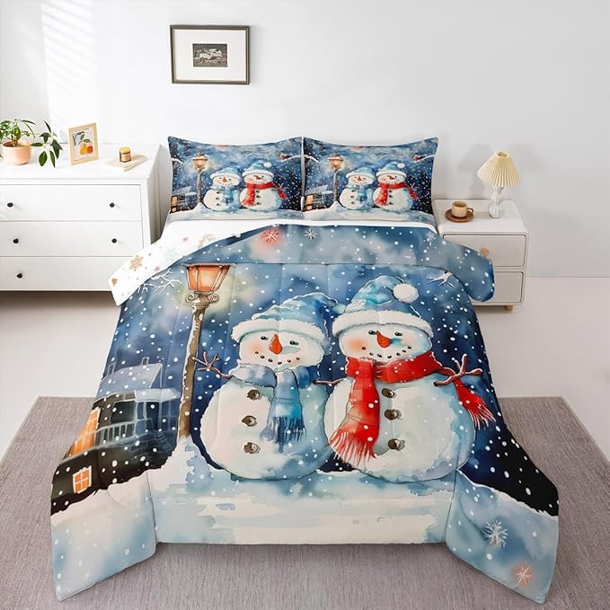 Feelyou Christmas Kids Comforter Set Full Size Blue Watercolor Snowman Bedding Set Xmas Winter Duvet Quilt for Kids Boys Girls Bedroom Snowflake Decor Microfiber Ultra Soft Breathable