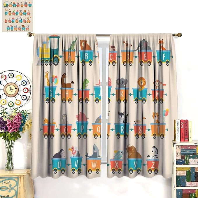 Kids Alphabet Curtains Funny Trains Letter Education School Cute Cartoon Animal Printed Curtain with Rod Pocket for Bedroom Living Room Drapes Window Treatments 2 Panels Set 42" W X 63" L