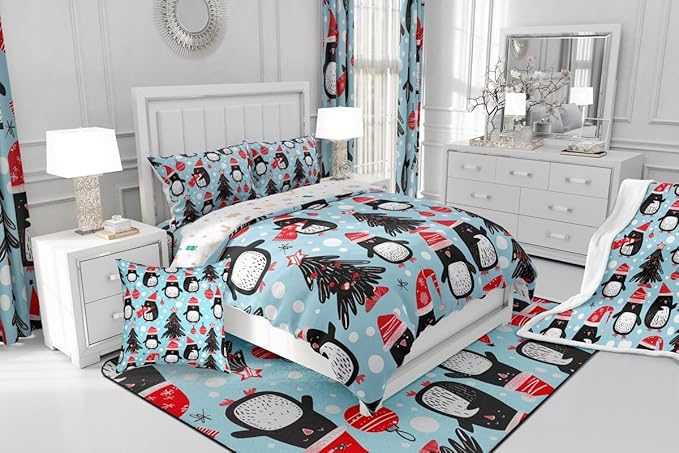 Feelyou Christmas Comforter Set All Season Penguin Bedding Set with 2 Pillow Cases Xmas Tree Microfiber Kids Full Bedclothes Christmas Balls Bedroom Decor Duvet Quilt Breathable Soft Lightweight