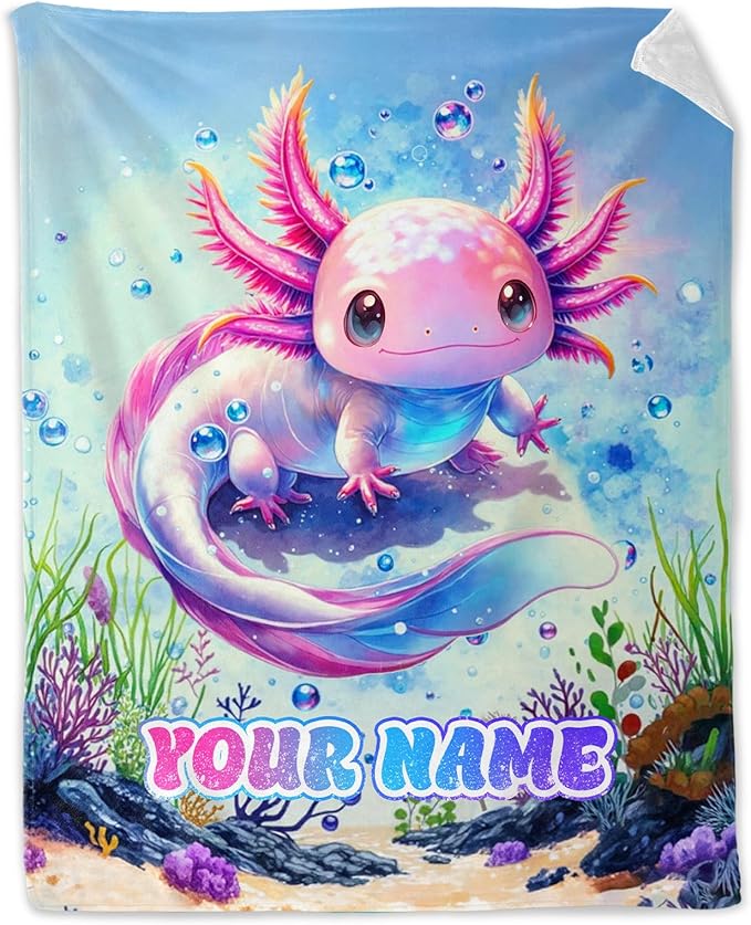 Custom Kids Blankets for Girls - 30 x 40 Inches Lap Size Axolotl Blanket for Girls - Blue Kids Throw Blankets for Crib, Office