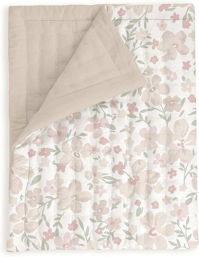 MakeMake Organics Organic Toddler Comforter GOTS Certified Organic Kids Blanket Cotton Infill Tufted - Reversible Ultra Soft Breathable Boys Girls (44"x60", Blossom + Solid Taupe)