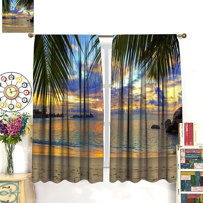 Ocean Beach Curtains,Sunset on Beach in The Evening Hawaiian Seaside Scene Pattern Blackout Print Home Bedroom Living Room Window Treatments 2 Panel Set 42x54 Inch