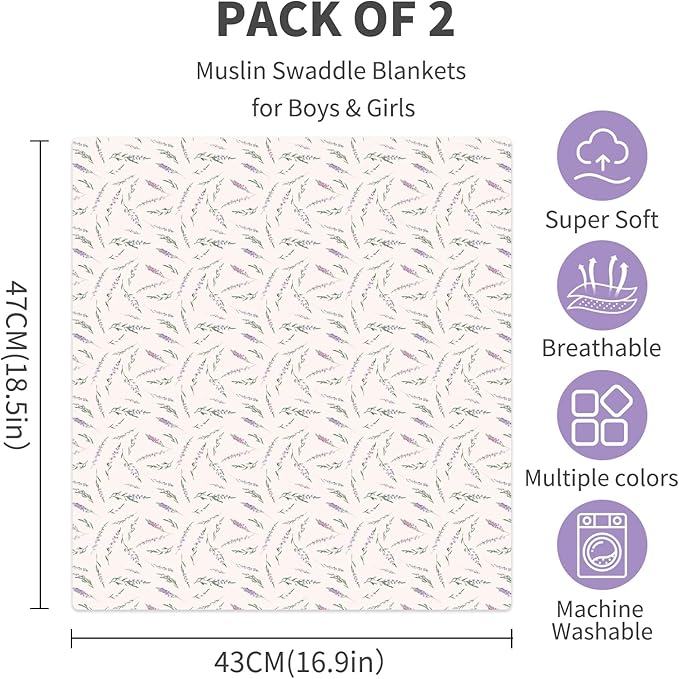 Baby Muslin Swaddle Blankets,2 Pack Receiving Blanket Baby Girl & boy,Large47 x 43 inches,Soft & Skin Friendly Swaddle Blanket Wrap(Florals)