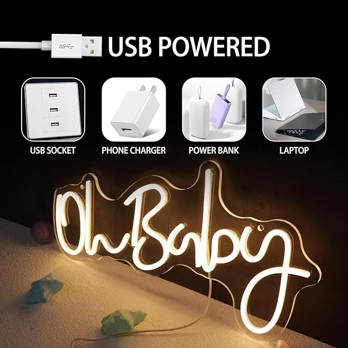 Oh Baby Sign for Wall Decor Led Neon Lights for Teen Bedroom Decor Art Light Up Letters Oh Baby Neon Neon Signs for All Party Room Decorations USB 5v 21.7x10 Inch (warm white)
