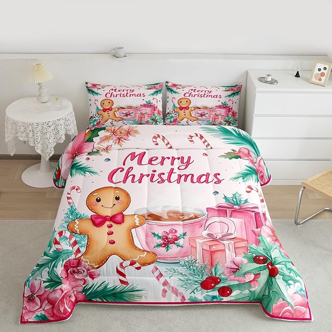 Feelyou Gingerbread Man Kids Comforter Set Full Size Merry Christmas Bedding Set Christmas Decor Duvet Quilt for Kids Boys Girls Bedroom Xmas Decor Microfiber Ultra Soft Breathable