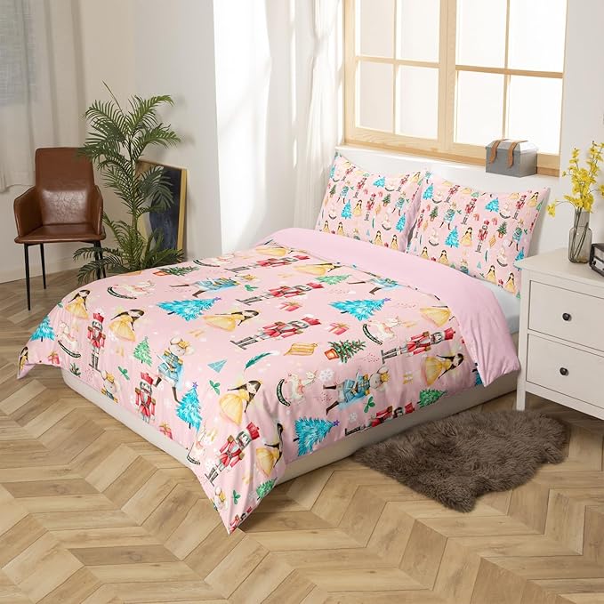 Christmas Nutcracker Decorative Comforter Cover Queen Size Cartoon Mouse Soldier Royal Guarder Princess Duvet Cover Xmas Pine Tree Snowflake Bedding Set Gifts for Kids Boys Girls 2 Pillow Cases Pink