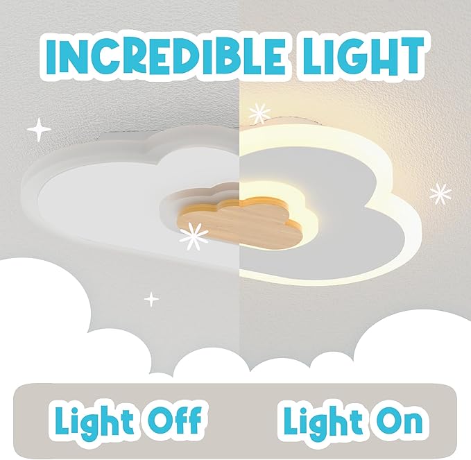 LED Ceiling Light Fixture 15.7in Dimmable Children Cloud Lights for Ceiling with Remote Control 20W Creative Wooden Bedroom Ceiling Lamp for Kids Room Bedroom Living Room