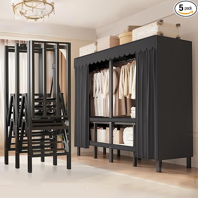 FPIGSHS Heavy Duty Clothes Rack with Cover Foldable Covered Clothes Rack for Hanging Clothes portable Wardrobe Closet System Freestanding Coat Storage Garment Racks for bedroom (black, 59in)