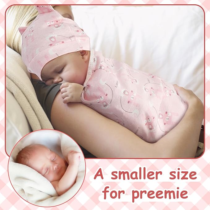 Ramede 6 Pack Preemie Swaddle Blanket with Hats Sleep Swaddle for Baby Boy Girl Preemie Newborn Sacks Soft Cotton Wearable(Bear,Pink)