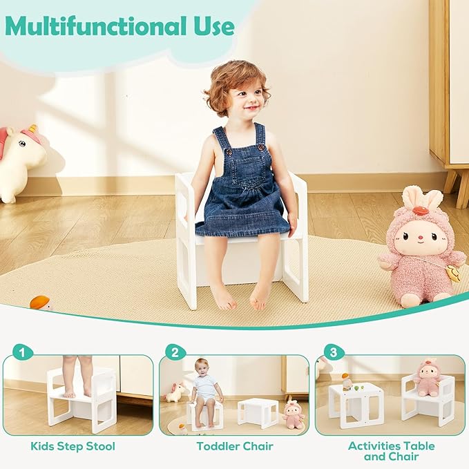 FUNLIO Height Adjustable Montessori Weaning Chair for Age 1-3, Quality Solid Wooden Chair, for Eating/Reading/Playing,Montessori Furniture with CPC Certified - White
