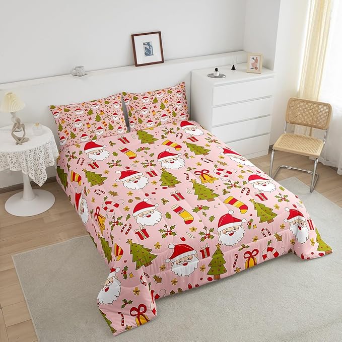 Feelyou Christmas Bedding Set for Kids Boys Girls Toddler Size Cute Santa Claus Comforter Set Ultra Soft Comforter Xmas Tree Duvet Quilt Bedroom Decor Berries Pattern Printed Quilt