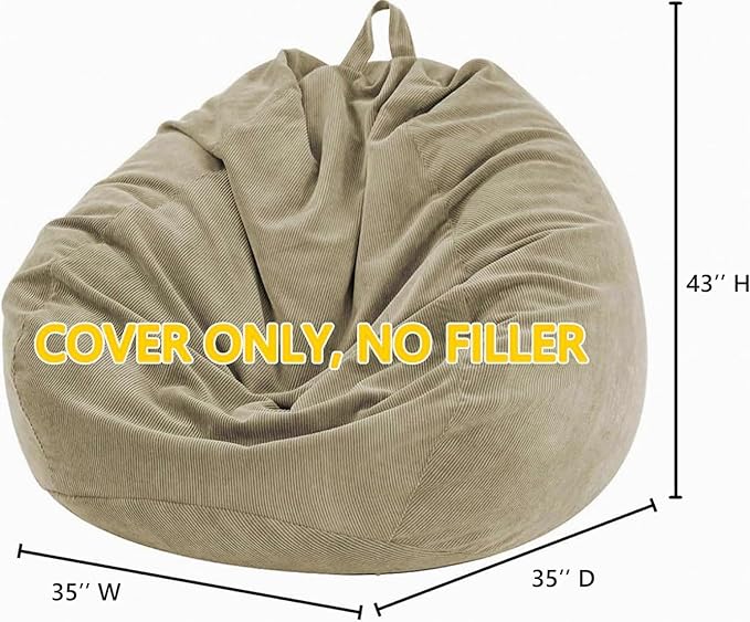 Nobildonna 3 ft Bean Bag Chair Cover (No Filler) 35"×43" Large Stuffed Animal Storage Bean Bag Washable Big Beanbag Chair Cover Premium Corduroy Bean Bag Cover for Adults,Kids,Khaki Gray 300L