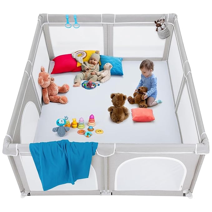 Todale Baby Playpen - 79 x 70 in, Gray - Foldable & Collapsible Playpen Yard with Mesh Panels & Safety Gate - Adjustable Extra Large Play Area for Babies & Toddlers