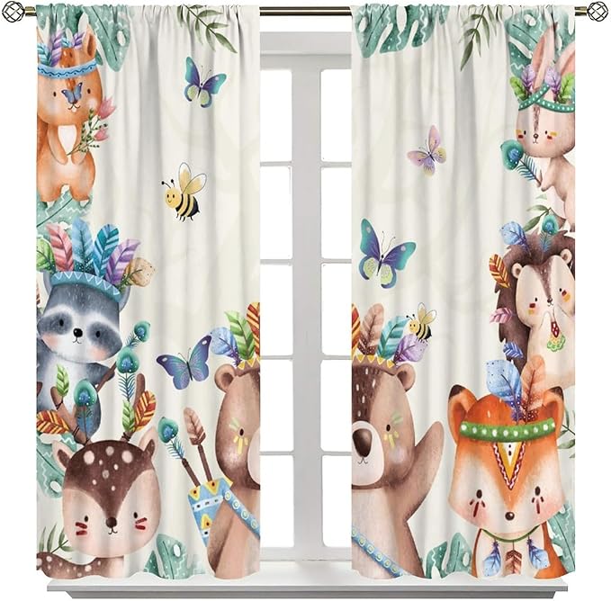 Jungle Safari Curtains, Cute Cartoon Forest Animals Pattern Blackout Window Treatments, Rod Pocket Thermal Insulated Drapes 2 Panel Sets for Children Boys Bedroom Nursery Classroom, 42" W X 63" L