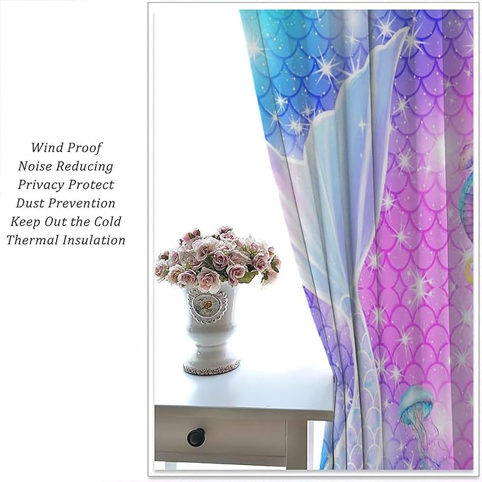 Kids Fantasy Mermaid Curtains Dream Colorful Mermaid Fish Tail Scale Fantasy Ocean Theme Window Treatment for Girls Bedroom Nursery Room Decor Window Drapes 52" W X 84" L