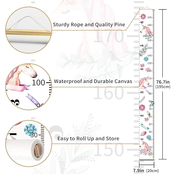 Personalized Growth Chart for Kids, Baby Height Chart with Custom Name, 77"x7.9" Canvas and Black Wood Height Measuring Rulers for Boys Girls Removable Wall Ruler Hanging for Nursery Decor - Unicorn