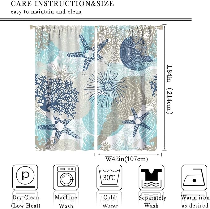 Coastal Curtains Ocean Beach Themed Room Darkening Window Curtain Nautical Coral Blackout Curtain for Bedroom Living Room Bathroom Nursery Set 2 Panels,84x84 Inches