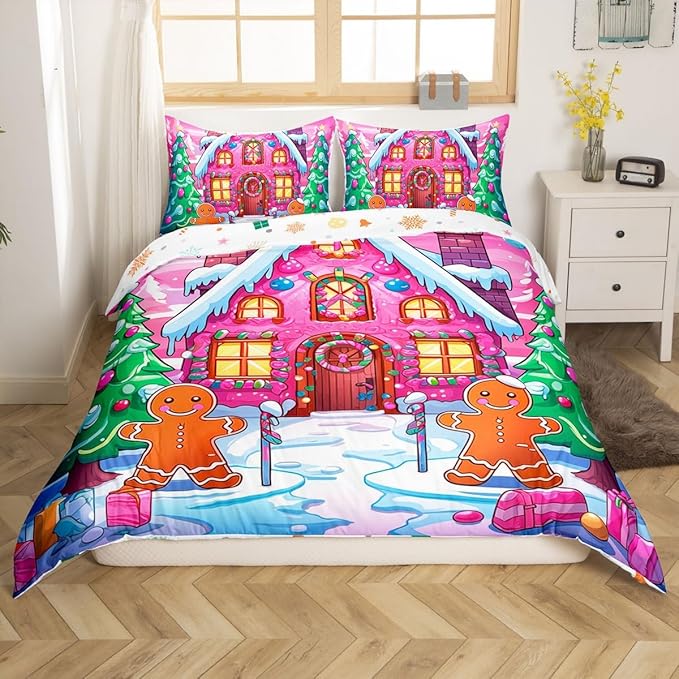 Feelyou Merry Christmas Comforter Cover Set Gingerbread Man Bedding Set Full Size for Kids Boys Girls Bedroom Bed Decor Christmas Duvet Cover Set Soft Quilt Cover,No Comforter
