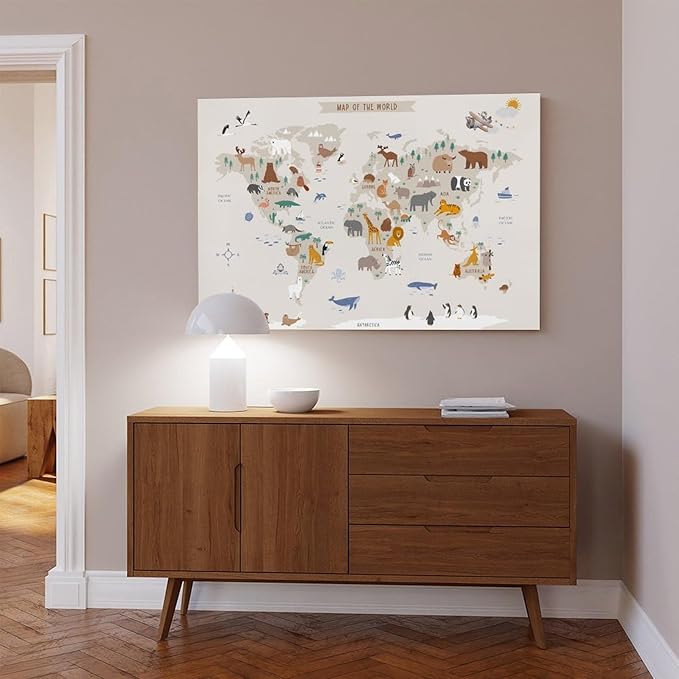 KIPNG Kids World Map - Playroom Animal World Map - Nursery Educational Poster Canvas Poster Wall Art Picture Paintings for Living Room Bedroom Decoration Frame-style16x24inch(40x60cm)