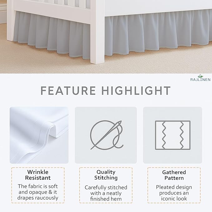 Rajlinen Ruffled Crib Bed Skirt, Microfiber, Dust Ruffle with Split Corners, 14" Drop, Nursery Toddler Bedding for Baby Boys or Girls, Light Grey
