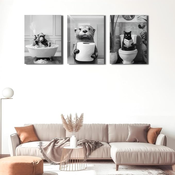 Framed Black and White Bathroom Wall Decor, Funny Animals Canvas Wall Art, Cute Otter Holding A Roll of Toilet Paper, Chimpanzee in Bathtub and Cat Reading Newspaper on the Toilet Pictures 16'' x 12''
