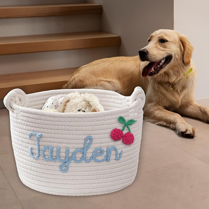 Personalized Dog Toy Basket Custom Dog Toy Box Rope Woven Basket with Pet's Name Dog Storage Organizer with Handles Cute Toy Bin for Cat Grey