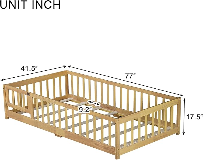 Bellemave Twin Size Floor Bed for Kids, Girls, Boys, Rubber Wood Floor Bed with slats and Door, Natural