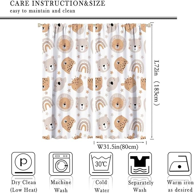 Cartoon Boho Animal Curtains,Funny Forest Safari Print,Cute African Wildlife Koala Giraffe Lion Leopard Bear Rainbow Blackout Window Drapes for Boys Girls Kids Baby Child Bedroom 63x72in