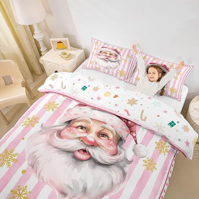Manfei Cartoon Santa Claus Duvet Cover,New Yrar Decor Golden Snowflake Christmas Theme Bedding Set for Bedroom Decor,Girly Pink Geometric Stripes All Season Bedding (NO Comforter) Queen Size