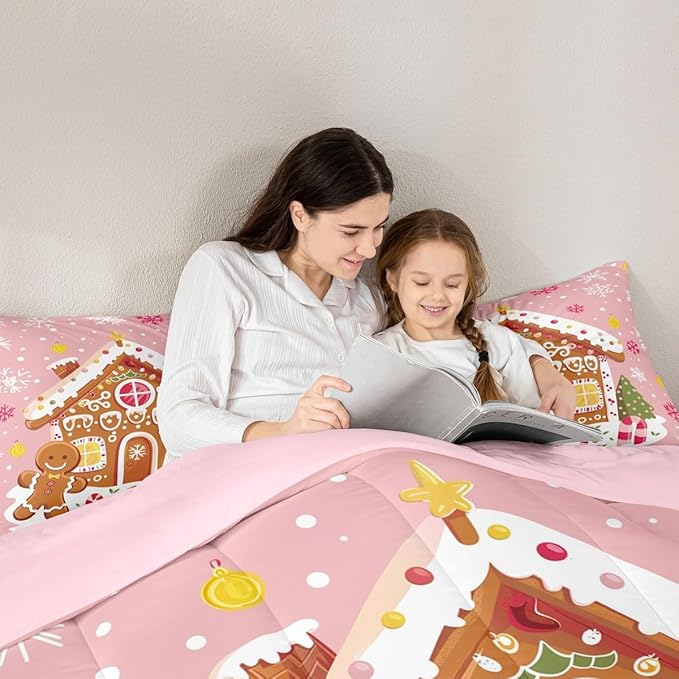 Feelyou Christmas Gingerbread Bedding Set Soft for Boys Girls,Gingerbread House Comforter Set King Size Winter Holiday Decor Duvet Quilt Cute Snowflake Room Decor Pink Decor 3 Pcs with 2 Pillow Cases