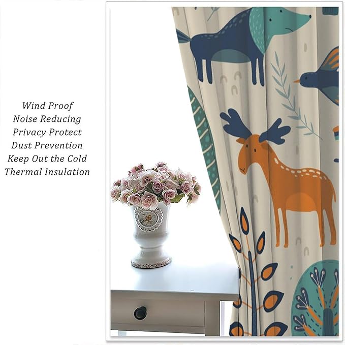 Kids Forest Animal Curtains, Rustic Cartoon Cute Wild Animal Window Treatments Woodland Safari Animal Fox Deer Bear Window Drapes for Girls Boys Nursery Toddler Bedroom 84x84in