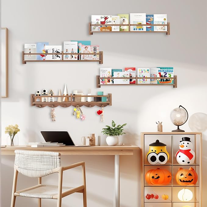 34Inch Nursery Book Shelves Wall Mounted, Floating Book Shelf for Kids Coat Rack with 6 Hooks, Wall Hanging Shelf for Baby Nursery Room Organizer ，Patent Number:US-D1058229-S(4, Light Brown)
