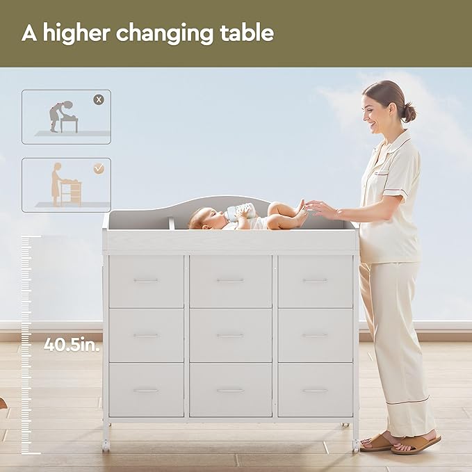 Baby Changing Table with 9 Fabric Drawers, Waterproof Diaper Changing Station & Pad, Mobile Nursery Diaper Changing Table, Baby Furniture, Bedroom, White