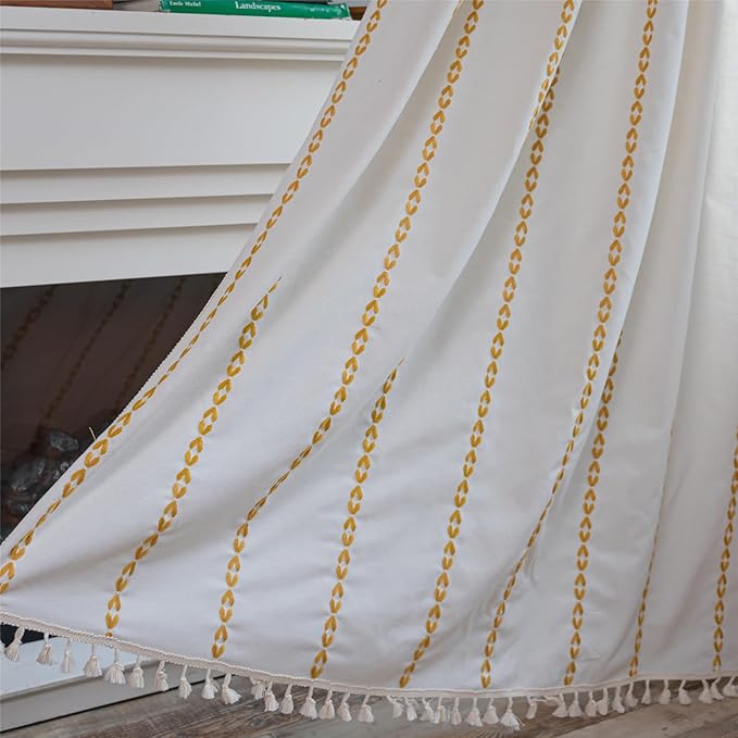 Deeprove Gold Yellow Boho Curtains 96 inches Long for Bedroom, Vintage Privacy Bohemian Embroidery Light Filter Cotton Linen Stripes French Country Tassel Window Treatments Decor, W52 x L96, 1 Panel