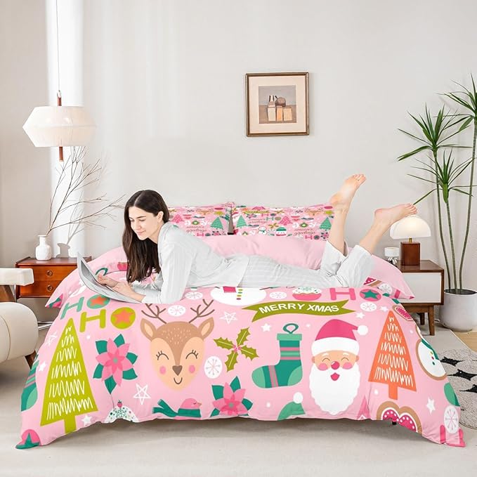 Feelyou Kids Pink Merry Christmas Bedding Set King Merry Christmas Tree and Snowman Duvet Cover for Bedroom Decor Xmas Comforter Cover Set Snowflake Holiday Bedspread Cover with 2 Pillow Case
