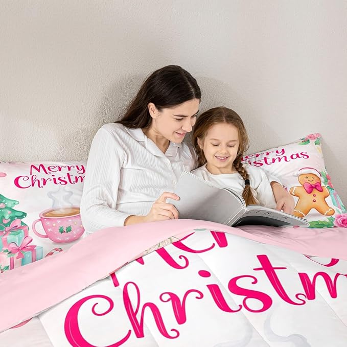 Feelyou Merry Christmas Bedding Set Soft for Boys Girls, Christmas Decor Comforter Set Toddler Size Gingerbread Man Duvet Quilt Microfiber Xmas Bedroom Decor 2 Pcs with 1 Pillow Cases