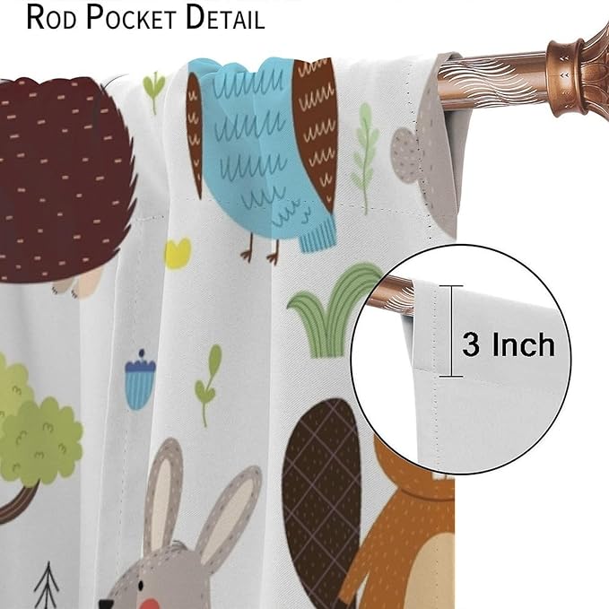 Forest Animals Kids Blackout Curtains Cartoon Cute Bear Deer Squirrel Owl Hedgehog Modern Art Print for Boys Girls Bedroom Living Room Nursery Rod Pocket Decoration Window Drapes 2 Panels W21xL63in