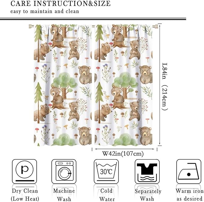 Forest Animal Curtains,Kids Home Bedroom Window Treatments, Cartoon Watercolor Bear Squirrel Woodland Animal Drapes 84x84in