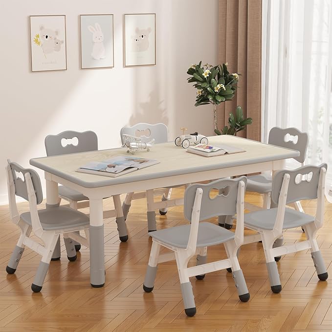 GAOMON Kids Table and 6 Chairs Set, Height Adjustable Toddler Table and Chair Set for Ages 2-10, Graffiti Desktop, Non-Slip Legs, Children Activity Table for Daycare Classroom Home